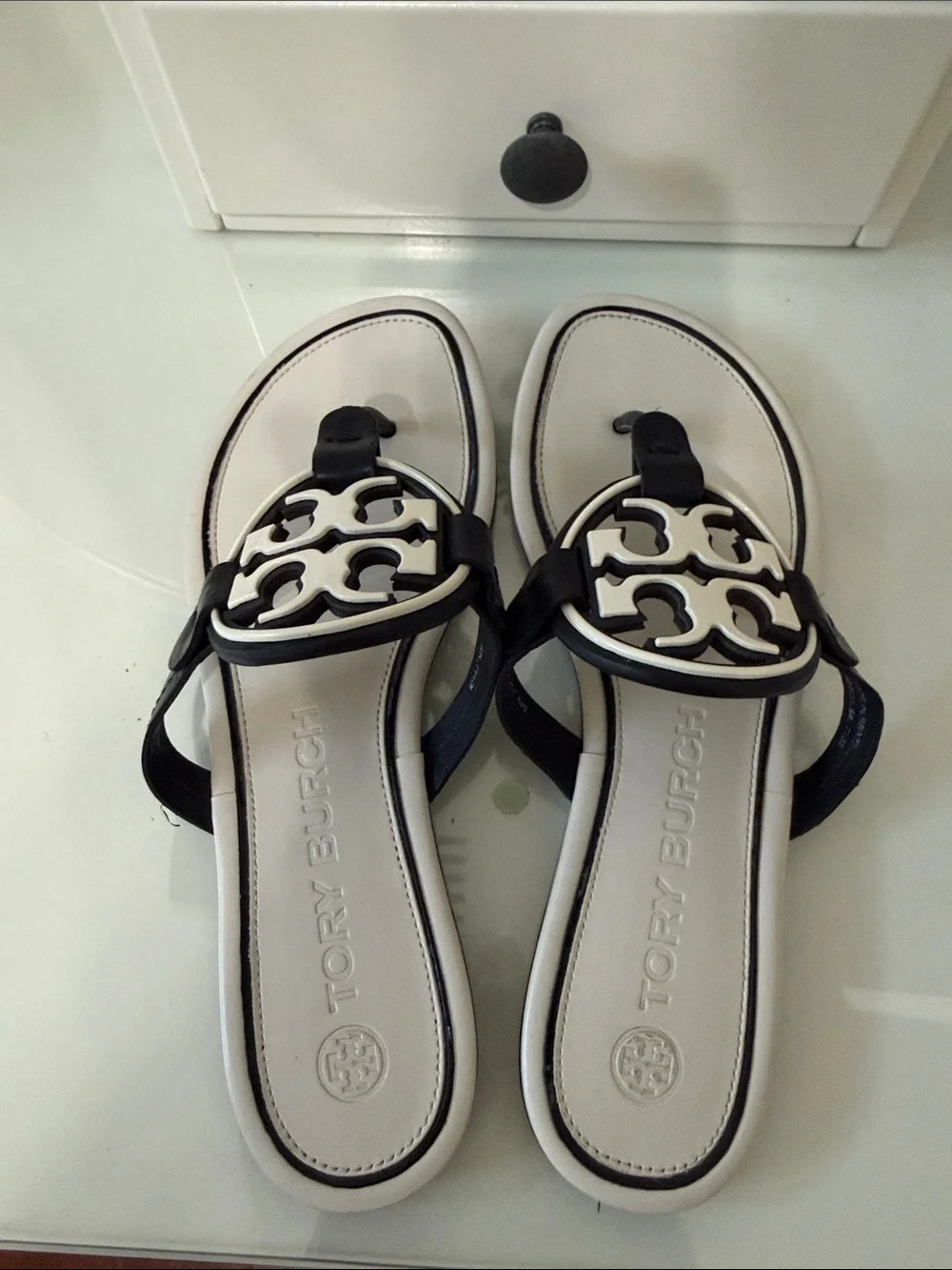 Tory Burch Black and off white Miller  Logo Thong Sandals